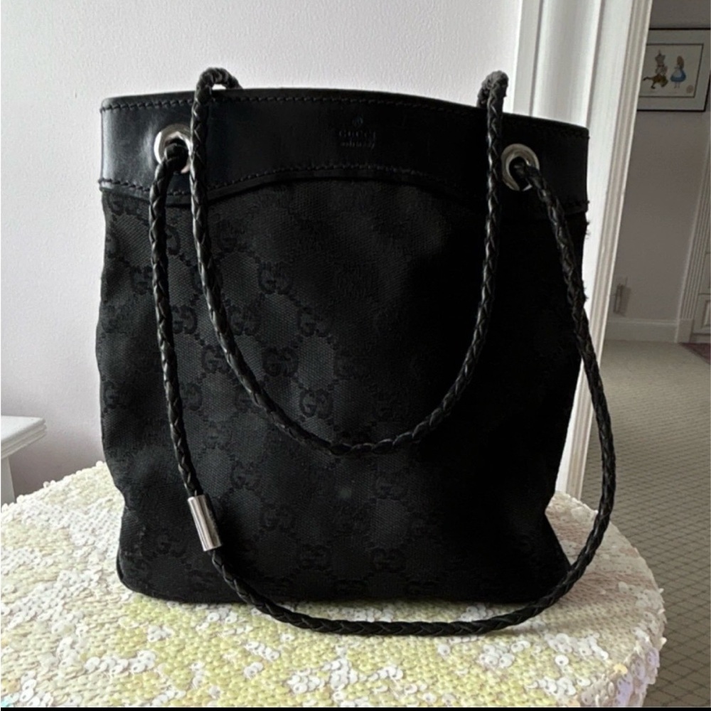 Gucci Black GG Canvas Messenger Bag with Braided Leather Trim - Picture 2 of 2